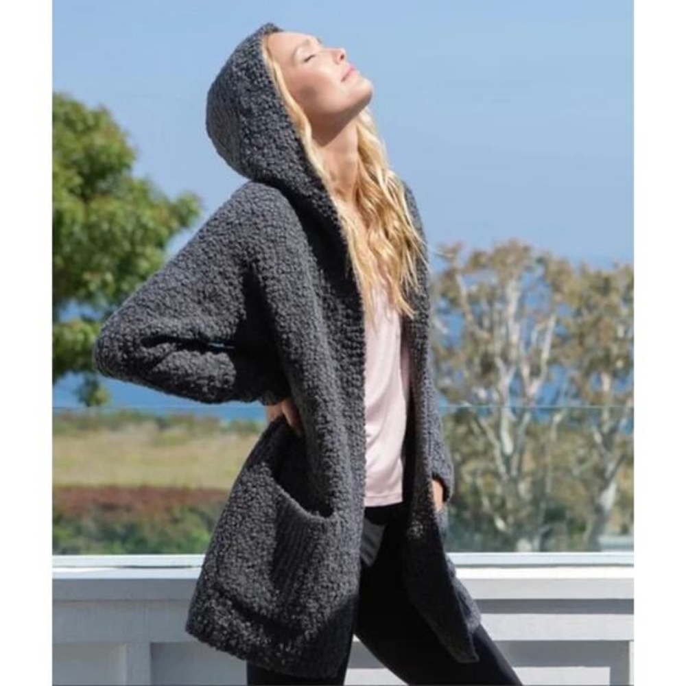 Barefoot Dreams Boucle Hooded Cardigan Carbon Gray Open Front Sz S / M